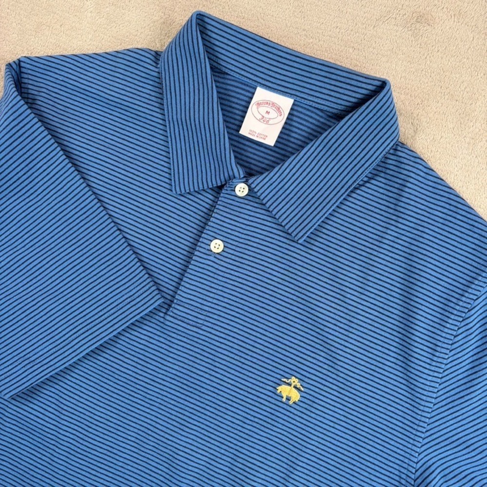 Brooks Brothers 346 Gold Chest Logo Polo Shirt in Blue Striped Men Medium NWOT